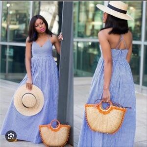 J.Crew Spaghetti Strap Blue Gingham Cotton Maxi Dress US 4